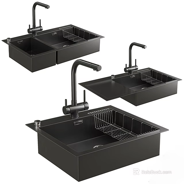 Black Kitchen Sinks With Faucets And Drying Racks In Different Styles 3d model 
