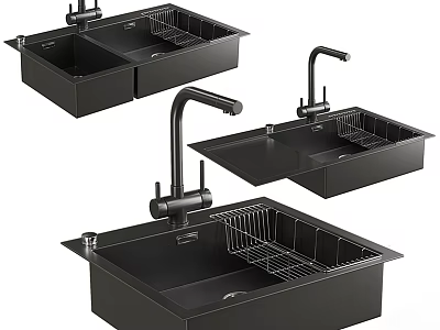 Black Kitchen Sinks With Faucets And Drying Racks In Different Styles 3d model