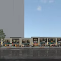 Bustling Modern Commercial Street With Contemporary Architecture Storefronts Pedestrians Lush Greenery And Waterfront Promenade