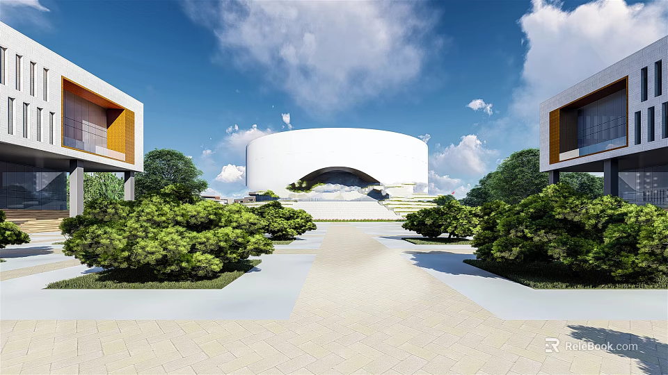 Modern School Building with Circular Design Greenery and Paved Pathway Under Blue Sky 3d model 
