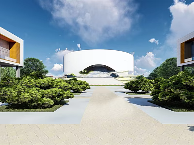 Modern School Building with Circular Design Greenery and Paved Pathway Under Blue Sky 3d model