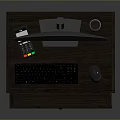 Dark Wood Office Desk With Monitor Keyboard And Drawer Featuring Folders And Red Cover Book