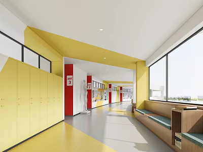 Bright School Corridor With Yellow Lockers Red Accent Walls And Wooden Bench 3d model