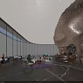 Modern Coffee Cafe With Large Windows Night View Cozy Seating Wooden Bar And Stone Wall