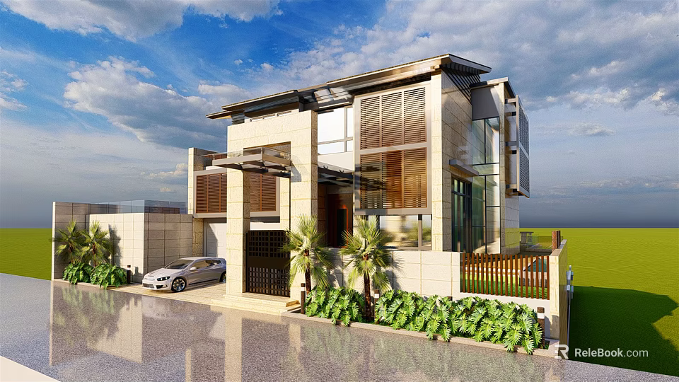 Modern Detached Villa With Large Glass Windows Palm Trees Green Plants And Driveway 3d model 