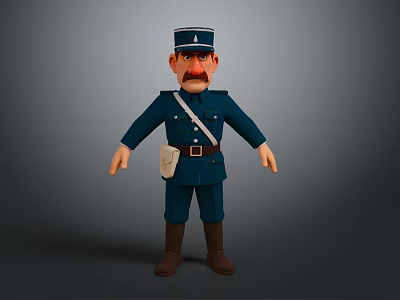 Cartoon Police Officer Character In Blue Uniform With Hat Mustache And Brown Boots 3d model