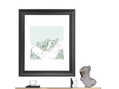 Framed Green Tree Mountain Art On Table With Coffee Cup Statues And Stuffed Toy 3d model