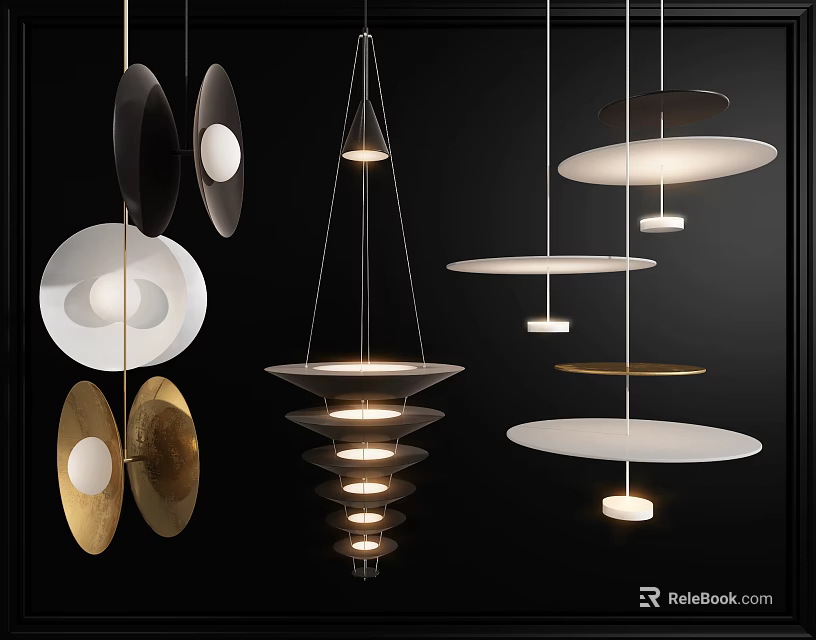 Modern Chandeliers with Disc Shaped and Layered Designs in Gold Black White Hanging 3d model 