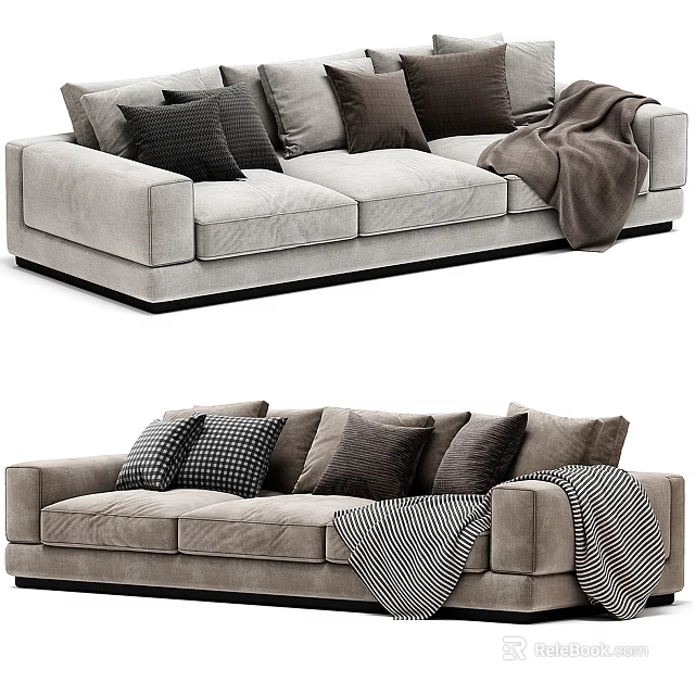 Modern Gray Sectional Sofa With Multiple Cushions And Cozy Blankets 3d model