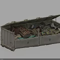 Public Waste Disposal Container With Open Lid Filled With Scrap Metal And Fabrics