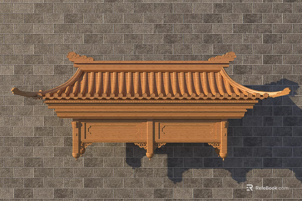 Traditional Chinese Wooden Architectural Component With Carved Eave Design On Gray Brick Wall 3d model 