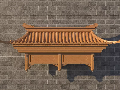 Traditional Chinese Wooden Architectural Component With Carved Eave Design On Gray Brick Wall 3d model