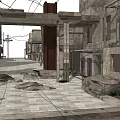 Shabby Urban Street with Rundown Buildings Overhead Wires and Weathered Pavement