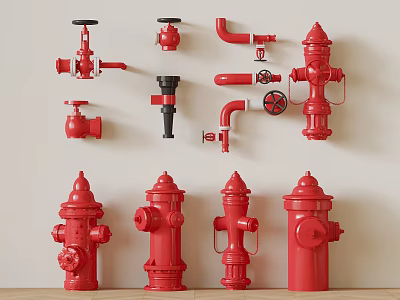 Red Fire Safety Equipment Collection Including Hydrants Valves Pipes And Fittings 3d model