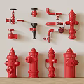 Red Fire Safety Equipment Collection Including Hydrants Valves Pipes And Fittings