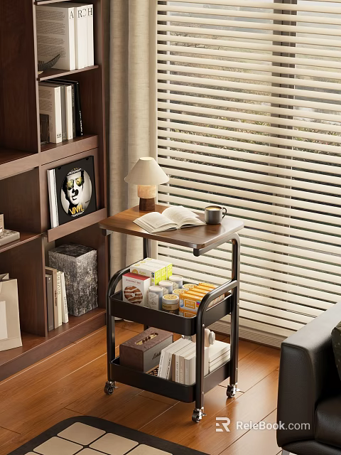 Practical Wooden Storage Shelf with Table Lamp Open Book and Coffee Mug Near Bookshelf 3d model 