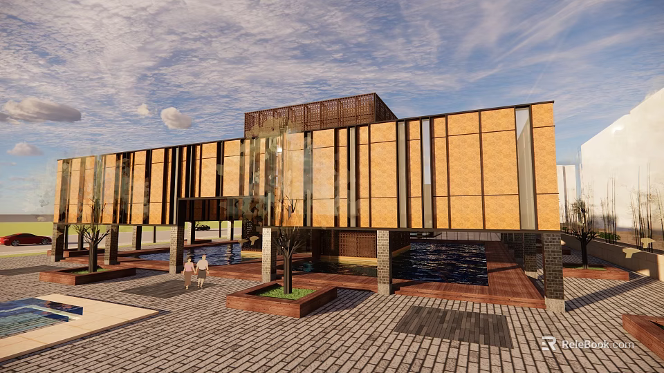 Modern Sales Office In Plaza With Yellow Brick Walls Black Frames Trees Water And People 3d model 