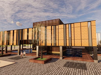 Modern Sales Office In Plaza With Yellow Brick Walls Black Frames Trees Water And People 3d model