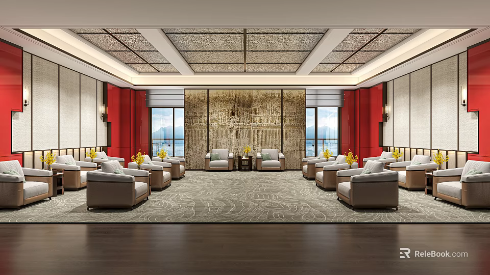 Spacious Hotel Public Lounge Area With Comfortable Sofas Elegant Carpet And Decorative Wall 3d model 