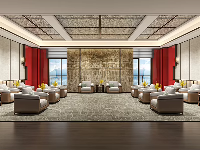 Spacious Hotel Public Lounge Area With Comfortable Sofas Elegant Carpet And Decorative Wall 3d model