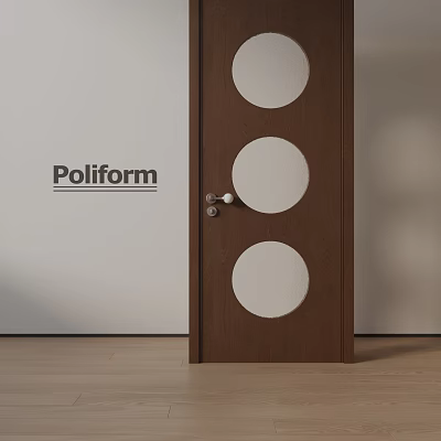Poliform Brown Hinged Door With Three Circular Glass Panels Silver Handle And Wooden Floor 3d model