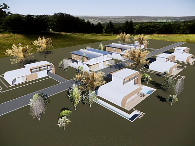 Scenic Modern Guesthouse Complex With Green Lawn Trees And Swimming Pool 3d model