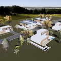 Scenic Modern Guesthouse Complex With Green Lawn Trees And Swimming Pool