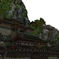 Cartoon Scene Featuring Chinese Ancient Architecture Snowy Mountains Rocky Cliffs and Snow Covered Steps
