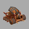 Medieval Wooden Siege Cart Game Character With Spikes Skull Emblem And Wheels