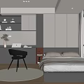 Modern Tatami Bedroom Interior With Bed Desk Black Chair Wardrobe And Large Window City View