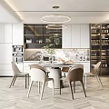 Modern Restaurant Interior Design With Dining Table Chairs Pendant Lights And Marble Accents