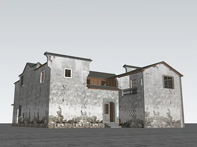 Traditional Old Building With Weathered White Exterior Sloped Roof And Windows 3d model