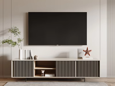Modern Grille Design TV Stand with Flat Screen TV Books Starfish Decor and Potted Plant 3d model