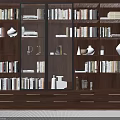 Modern Wooden Bookcase With Glass Doors Books Decorative Vases And Drawers