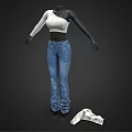One Shoulder White Ribbed Knit Crop Top And Blue Denim Jeans Fashion Outfit