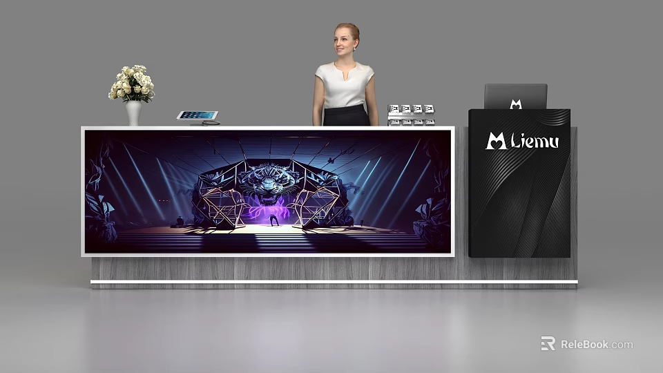 Modern Reception Desk with Receptionist Display Screen Featuring Stage Lighting Flower Vase and Tablet 3d model 