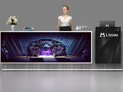 Modern Reception Desk with Receptionist Display Screen Featuring Stage Lighting Flower Vase and Tablet 3d model