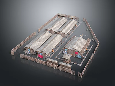 Traditional Architectural Compound Layout With Multiple Roofed Huts And Enclosing Fence 3d model