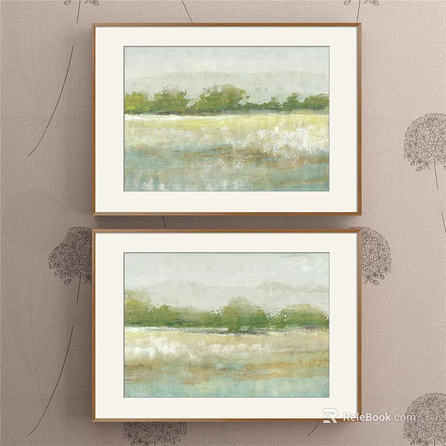 Two Framed Landscape Paintings Featuring Green Trees And Soft Earthy Tones On Wall 3d model 