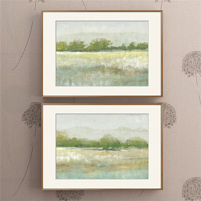 Two Framed Landscape Paintings Featuring Green Trees And Soft Earthy Tones On Wall 3d model