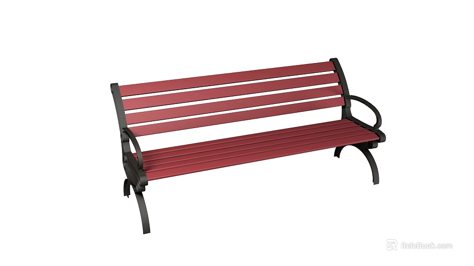 Red Slat Outdoor Bench With Black Metal Frame And Armrests For Garden Seating 3d model 