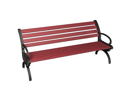 Red Slat Outdoor Bench With Black Metal Frame And Armrests For Garden Seating 3d model