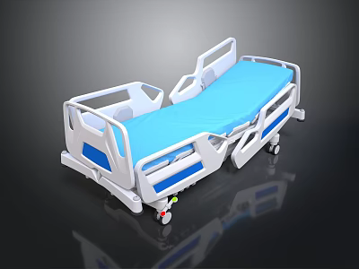 Modern Medical Hospital Bed With White Frame Blue Mattress And Wheels 3d model
