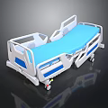 Modern Medical Hospital Bed With White Frame Blue Mattress And Wheels