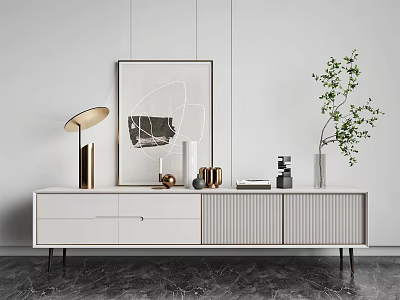 Modern White TV Stand With Gold Lamp Decorative Painting And Green Plant 3d model