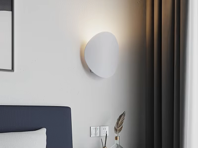 Modern Minimalist White Wall Lamp In Bedroom Bedside With Gray Curtains And Feather Decoration 3d model