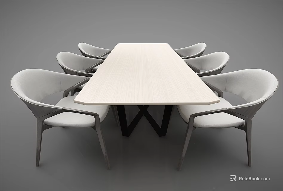 Modern Style Dining Table Set With Rectangular Light Wood Top And Six White Seats 3d model