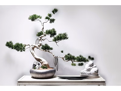 Bonsai Pine Tree With Curved Branches Green Needles In Ceramic Pot And Decorative Figurine On Table 3d model