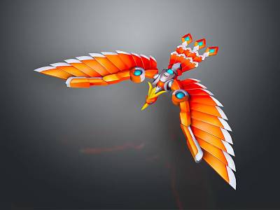 Mechanical Phoenix Character With Orange Red Wings Blue Eyes And Colorful Decorative Details 3d model