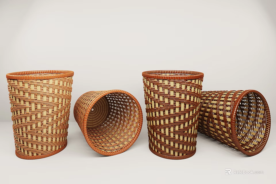 Woven Storage Baskets in Brown and Beige Various Sizes Standing and Tilted for Home Organization 3d model 